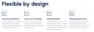 Drupal - flexible by design. Describes: user-centric experiences; low cost of ownership; limitless flexibility; enterprise grade tooling